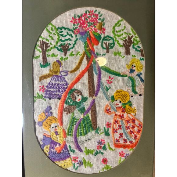 Framed Crewel Embroidery Maypole Girls Scene Handmade Folk Art Wall Decor - Picture 4 of 7